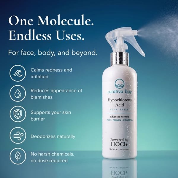 Curativa Bay .02% Hypochlorous Skin Spray, Clear Skin, Most effective For Total Skin Health and the Base for all Skin Care. 100% Organic, Made in USA, Produces Great Results 8 OZ. bottle