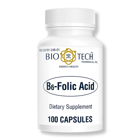 Bio-Tech Pharmacal B6-Folic Acid, 100 Capsules  All-Natural Supplement  Supports Cardiovascular, Bone, & Nervous System Health  No Dairy, Fish, Gluten, Peanut, Shellfish, Halal, & Soy  No